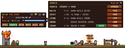 Oyunun menüsü ve ODUNCU paneli: balta, sepet, çizme, düdük ve çırak geliştirmeleri.